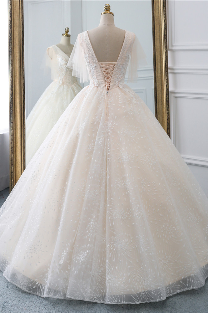 BMbridal Gorgeous Ball Gown V-Neck Tulle Beadings Wedding Dress Rhinestones Appliques Bridal Gowns with Short Sleeves On Sale-BMbridal
