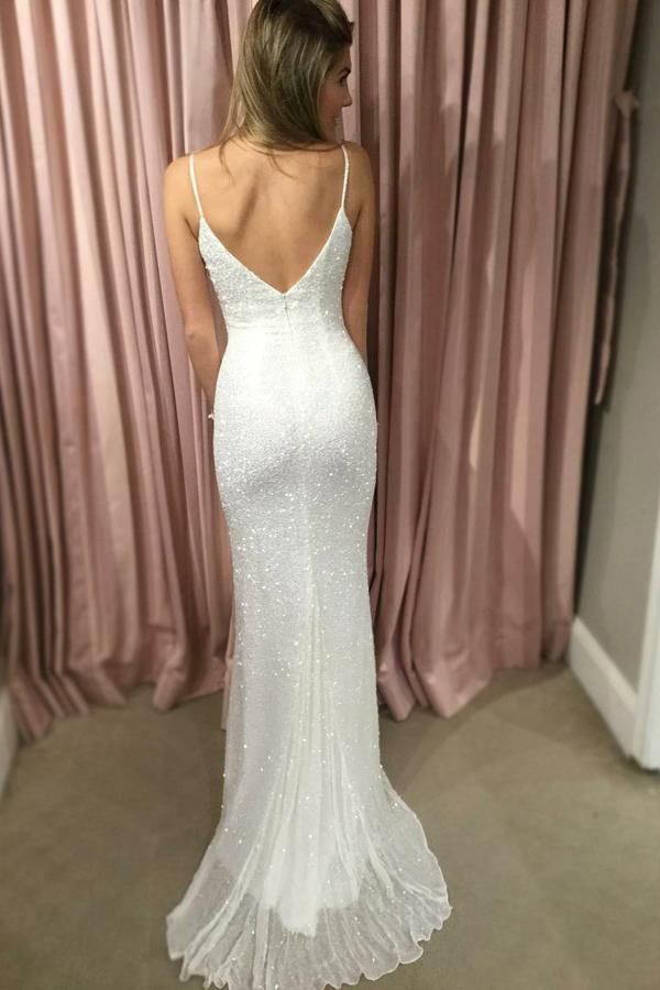 Bmbridal White Sequins Mermaid Prom Dress With Spaghetti-Straps