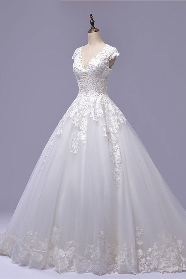 BMbridal Gorgeous V-neck A-line Tulle Wedding Dresses Appliques White Shortsleeves Bridal Gowns On Sale-BMbridal