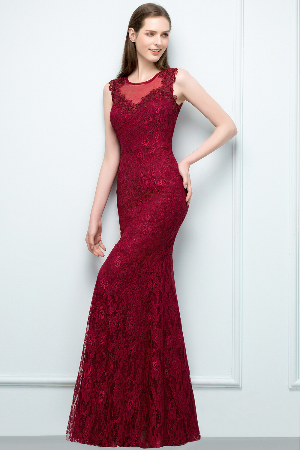 BMbridal Gorgeous Bugrundy Lace Prom Dress Long Mermaid Evening Gowns Online