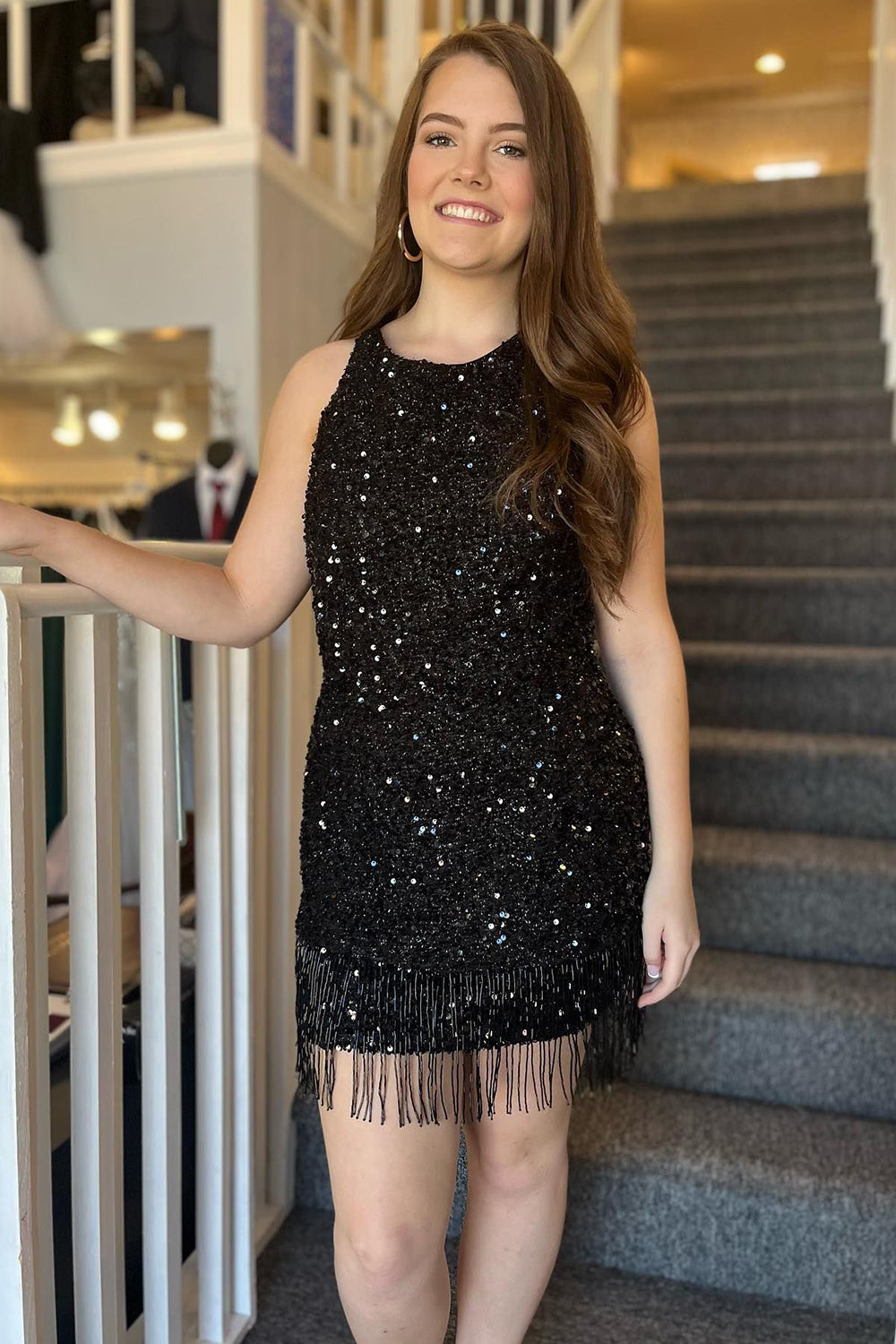 Sparkly Black Sequined Tight Short Homecoming Dress with Fringes-BMbridal