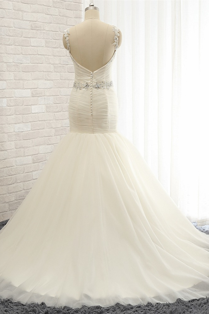 BMbridal Unique Ivory Straps Mermaid Wedding Dresses Tulle Ruffles Sequins Bridal Gowns Online
