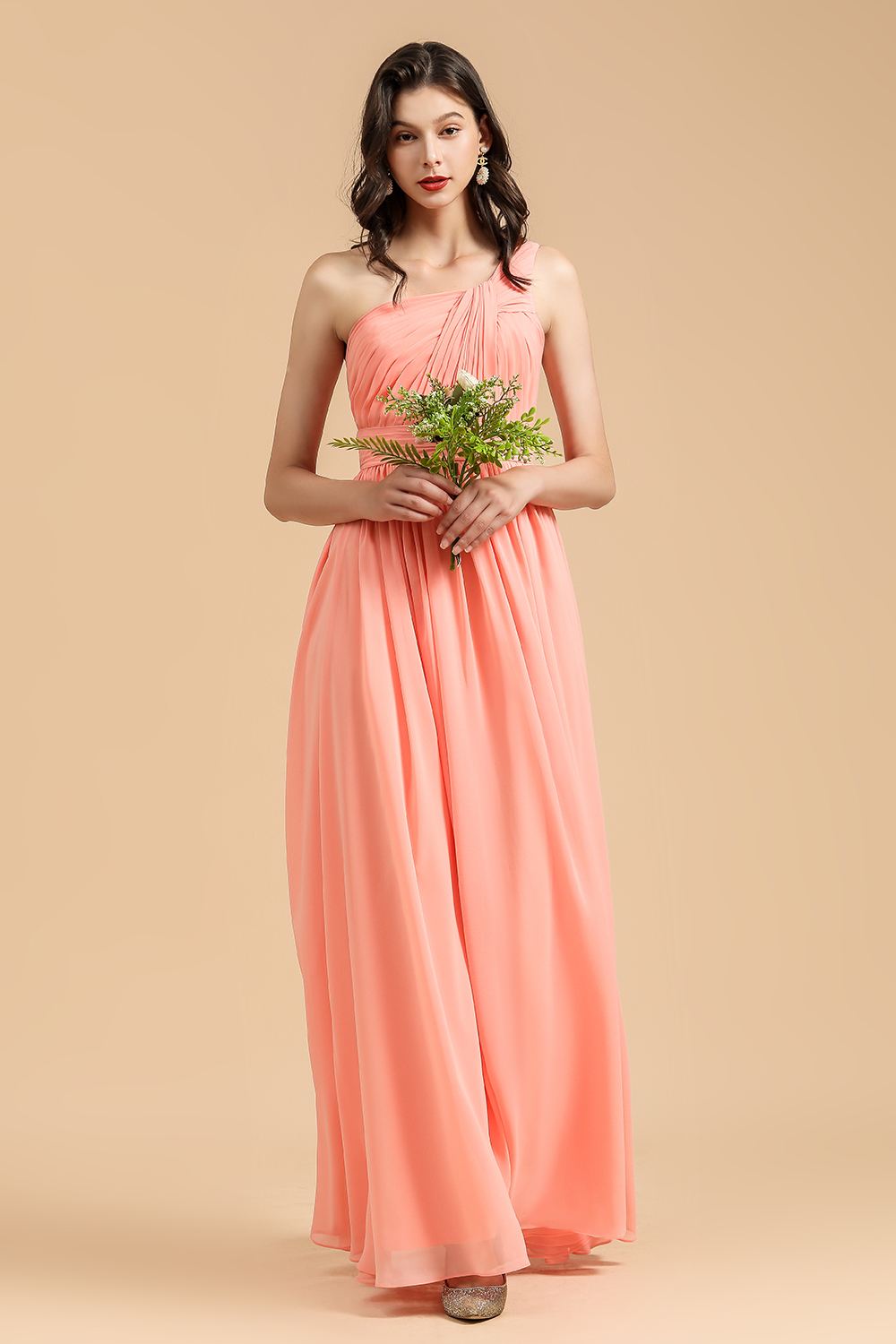Elegant A-line One Shoulder Coral Chiffon Long Bridesmaid Dress-BMbridal