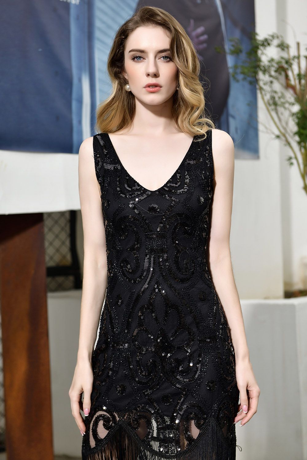 BMbridal Sexy Black Sequins Prom Dress Sleeveless Evening Gown With Tassels