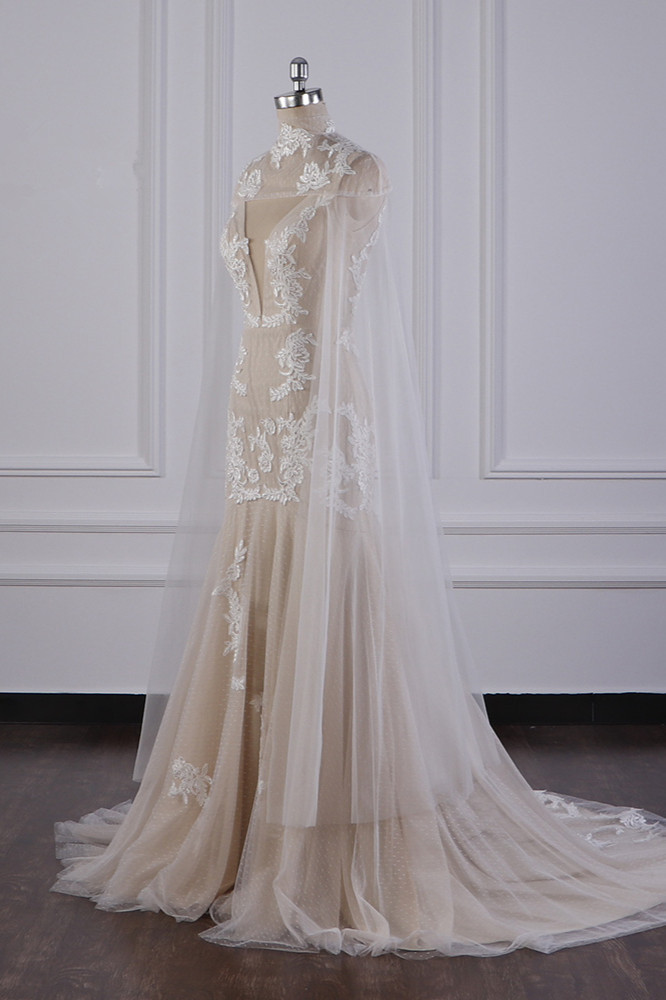 BMbridal Chic High-Neck Tulle Champagne Wedding Dress Mermaid Sleeveless Appliques Bridal Gowns Online-BMbridal