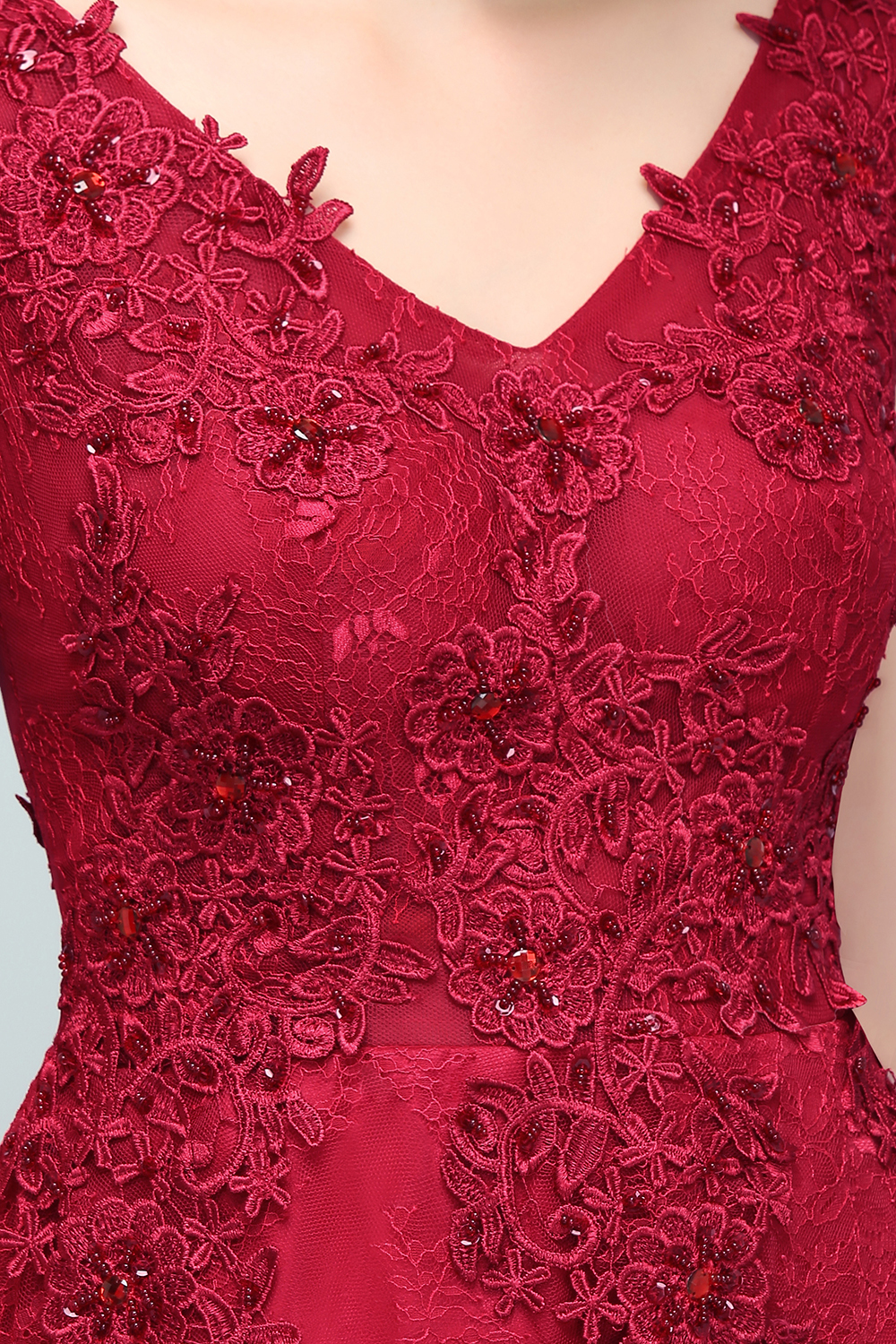 BMbridal Burgundy V-Neck Lace Prom Dress Long Evening Party Gowns With Appliques