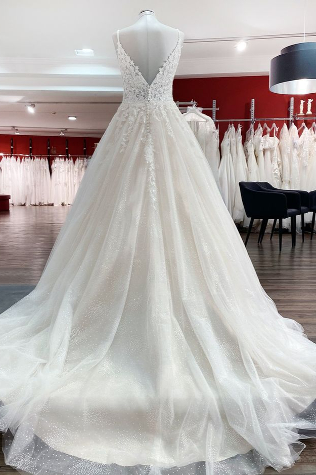 BMbridal Spaghetti Straps Tulle Lace Appliques A-Line Wedding Dresses-BMbridal