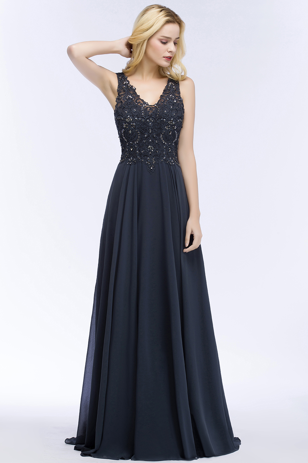 BMbridal A-line V-neck Sleeveless Long Appliqued Chiffon Prom Dress with Crystals