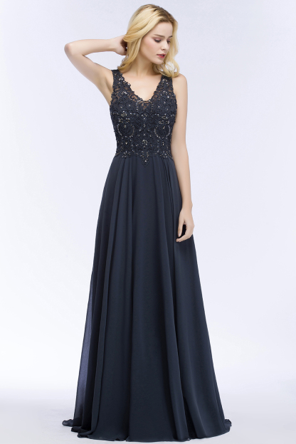BMbridal A-line V-neck Sleeveless Long Appliqued Chiffon Prom Dress with Crystals