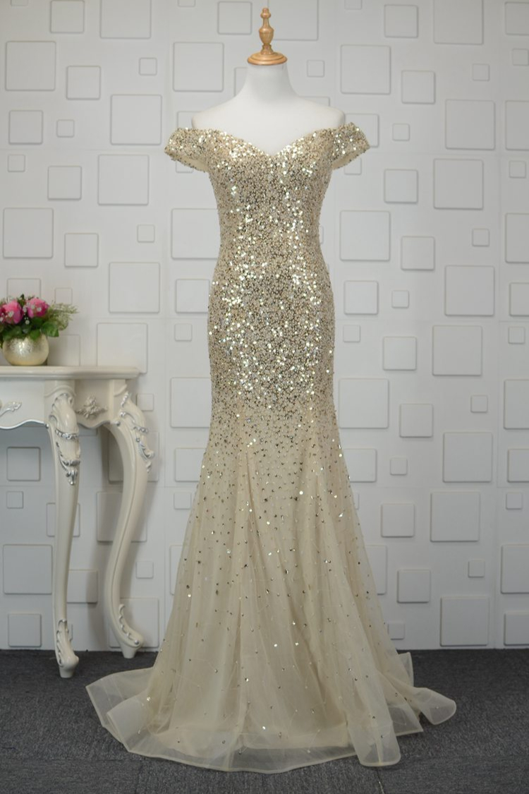 BMbridal Glamorous Off-the-Shoulder Blue Mermaid Prom Dresses with Rhinestones On Sale