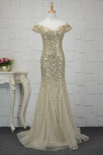 BMbridal Glamorous Off-the-Shoulder Blue Mermaid Prom Dresses with Rhinestones On Sale