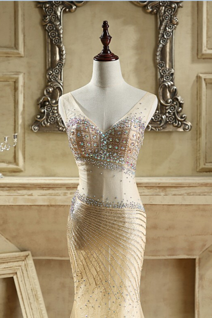 BMbridal Glamorous Tulle V-Neck Sleeveless Mermaid Prom Dresses with Beadings