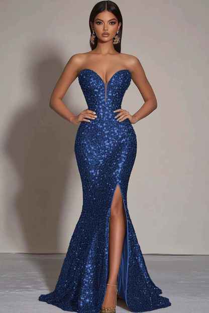 Sparkly Gold Sequins Mermaid Strapless Long Formal Dress with Slit