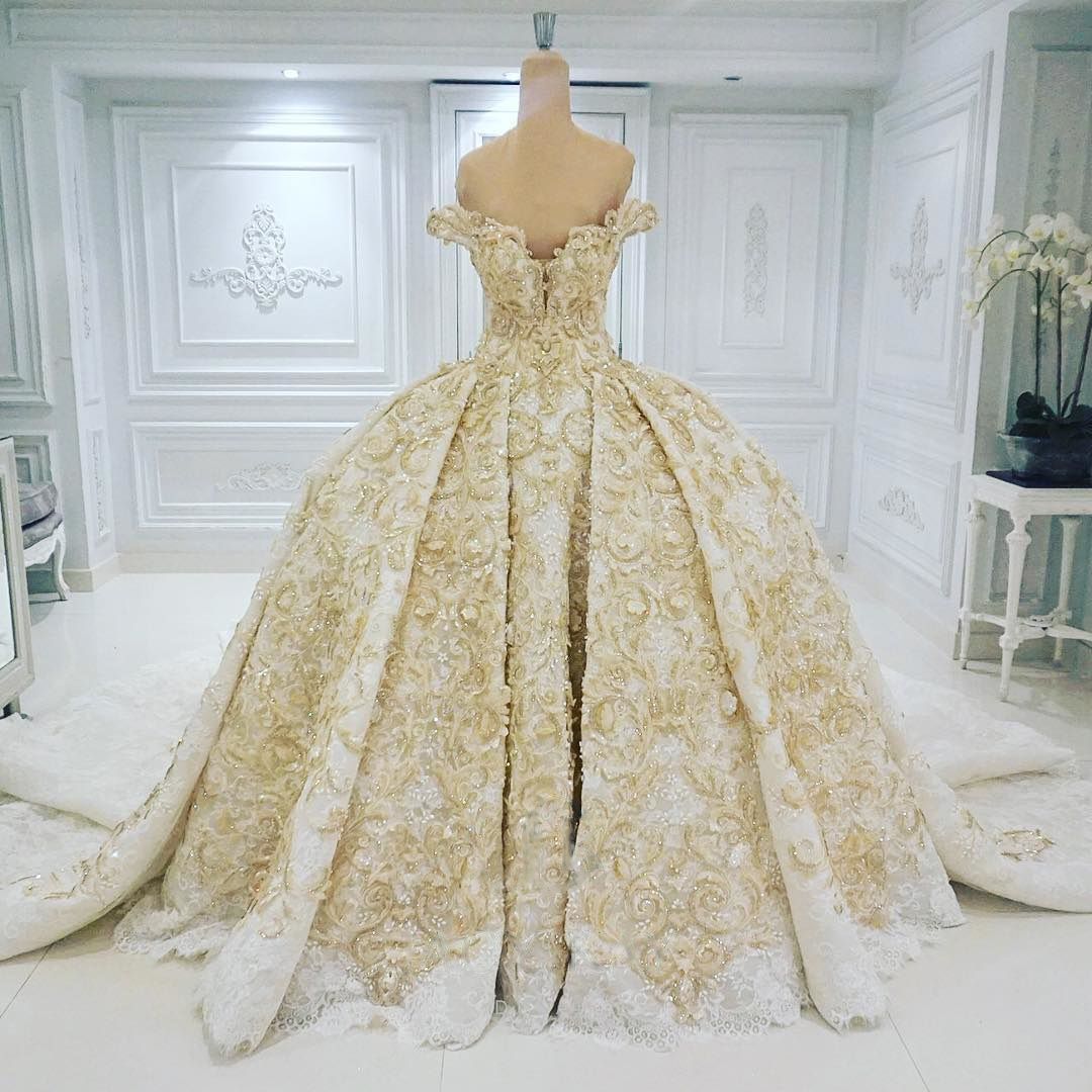 BMbridal Affordable Off-the-shoulder Chamgne Lace Wedding Dresses With Appliques A-line Ruffles Ball Gowns On Sale-BMbridal