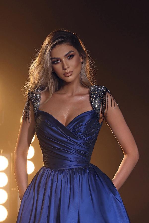 Bmbridal Cap Sleeves Evening Dress Sweetheart Long With Beads Pockets
