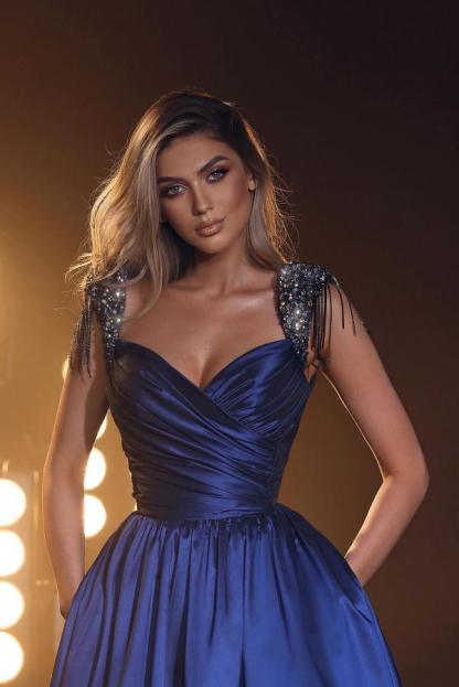 Bmbridal Cap Sleeves Evening Dress Sweetheart Long With Beads Pockets