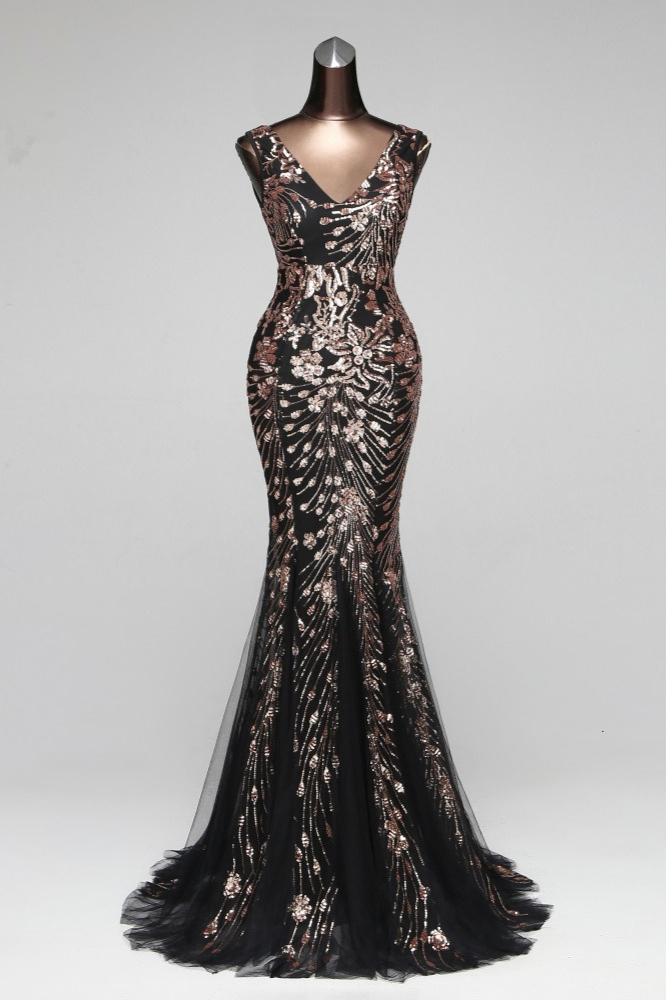 BMbridal Luxury Tulle V-Neck Sleeveless Mermaid Prom Dress with Sequins