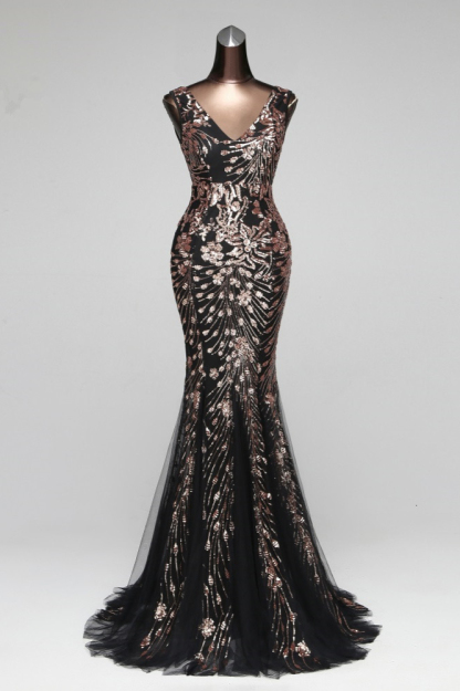 BMbridal Luxury Tulle V-Neck Sleeveless Mermaid Prom Dress with Sequins