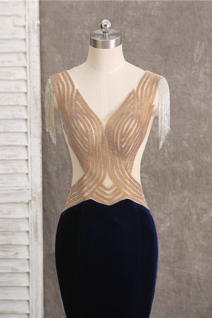 BMbridal Chic V-Neck Mermaid Black Prom Dresses Sleeveless Beadings with Tassels Online