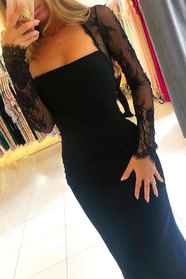 Bmbridal Black Mermiad Long Sleeves Ruffles Prom Dress with Lace