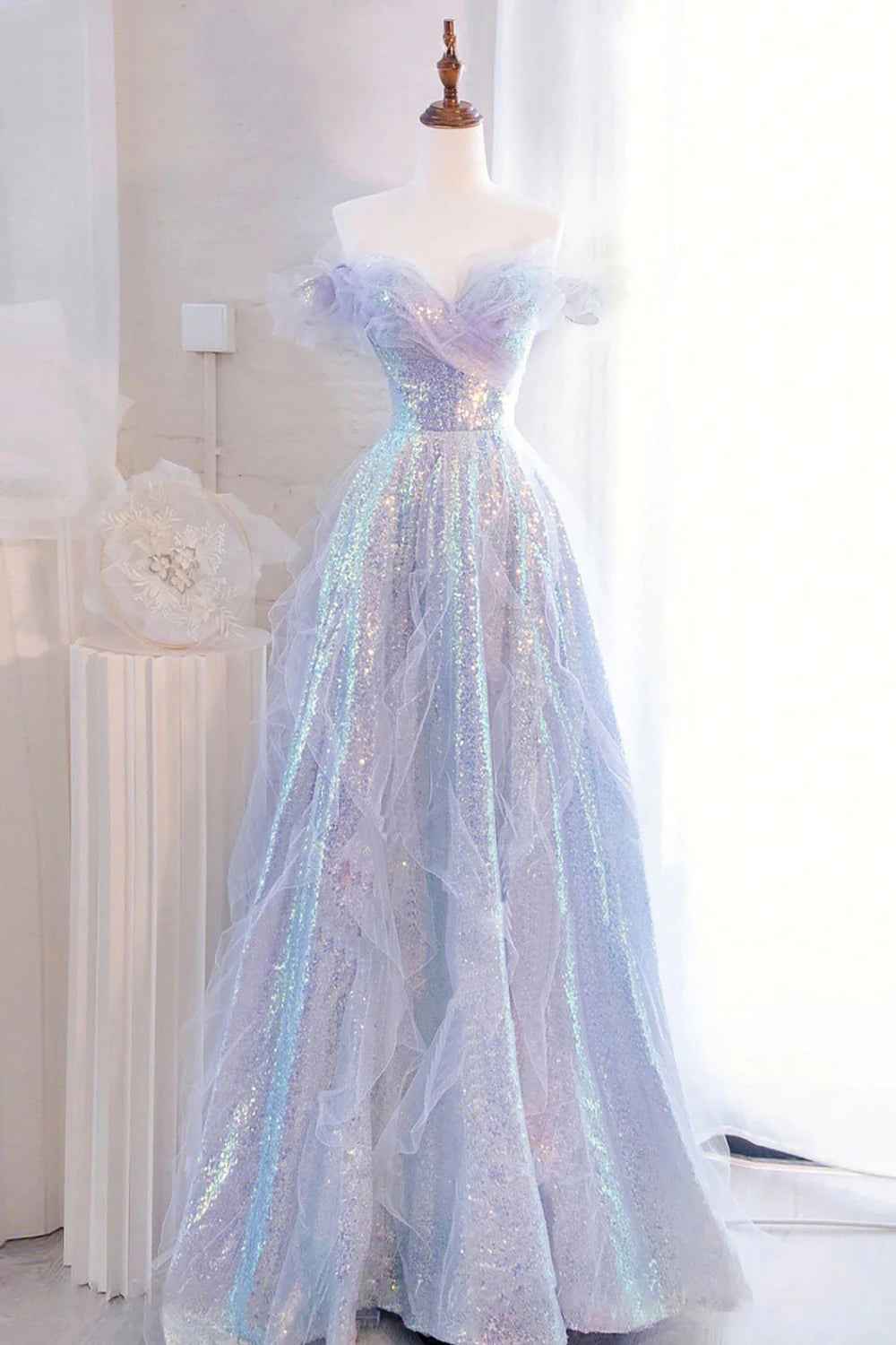Sparkly Light Blue Off the Shoulder Sequin Long Prom Dress with Ruffles