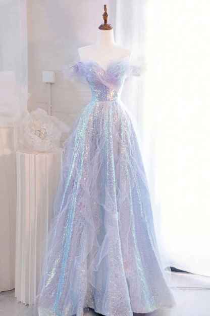 Sparkly Light Blue Off the Shoulder Sequin Long Prom Dress with Ruffles