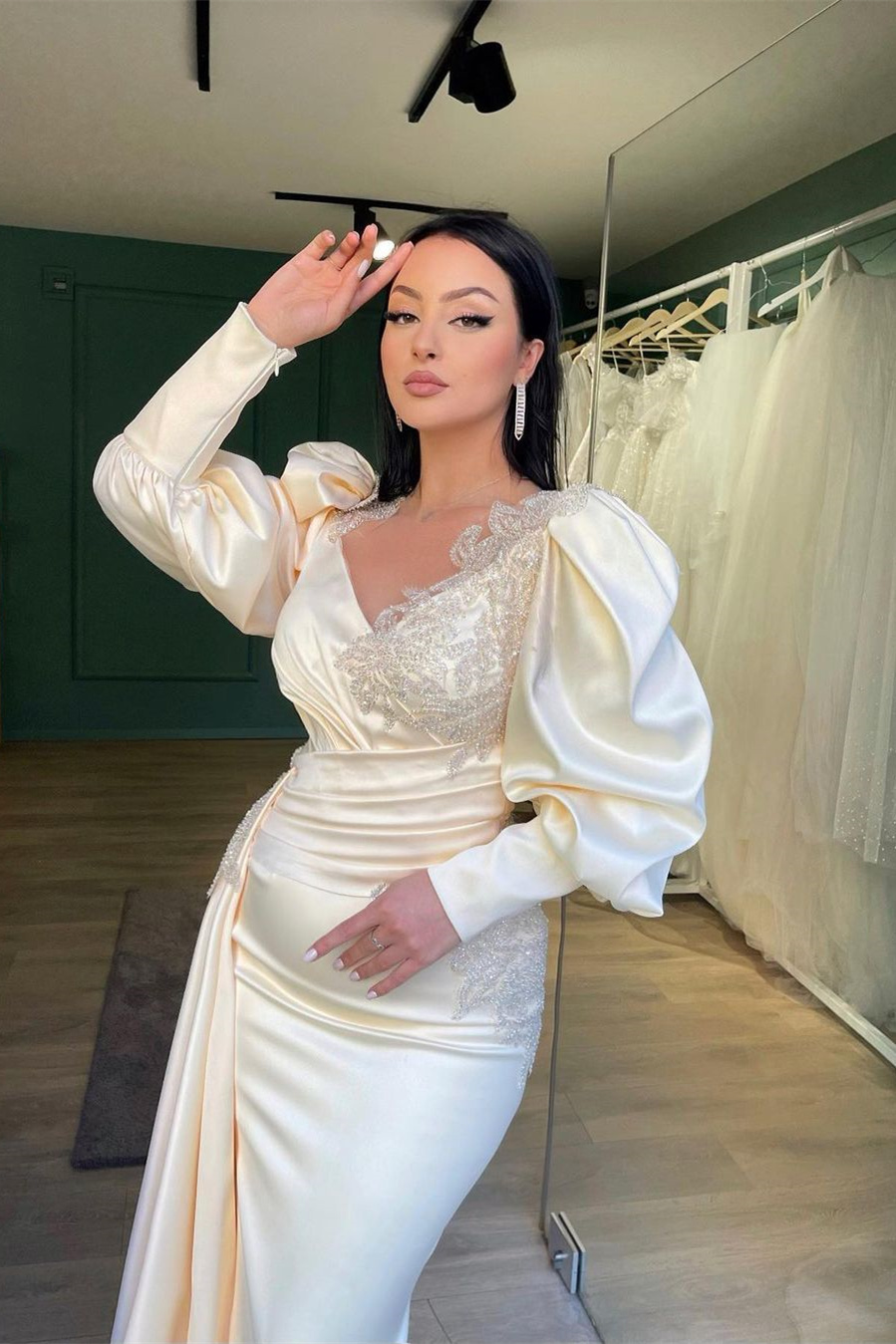 Long Puff Sleeves Pleated Mermaid Split Prom Dress With Appliques Ruffles