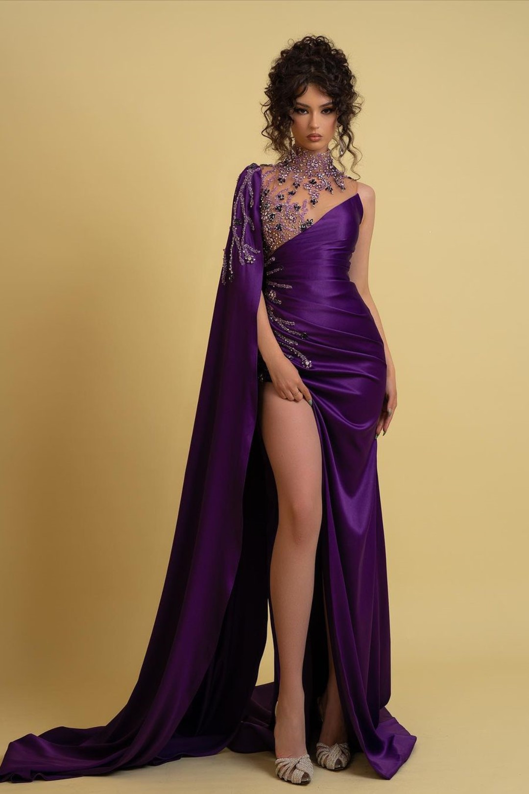 Bmbridal High Neck Grape Split Front Prom Dress With Beadings