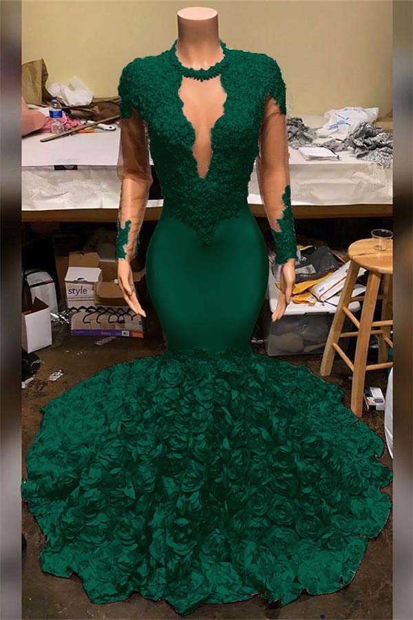 Elegant Mermaid V Neck Prom Dress Appliques Long Sleeves With Flowers Bottom