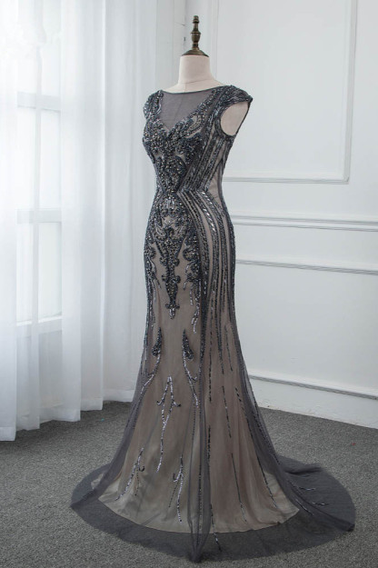 BMbridal Glamorous Jewel Black Mermaid Prom Dresses with Appliques Rhinestones