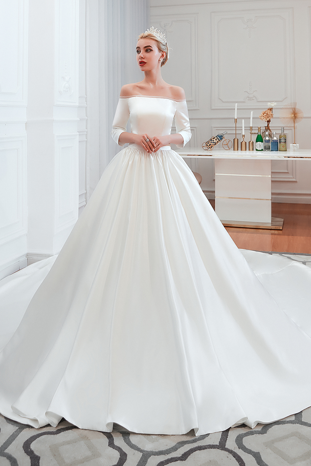 BMbridal Elegant 3/4 Sleeves Princess Satin Wedding Dress Online-BMbridal
