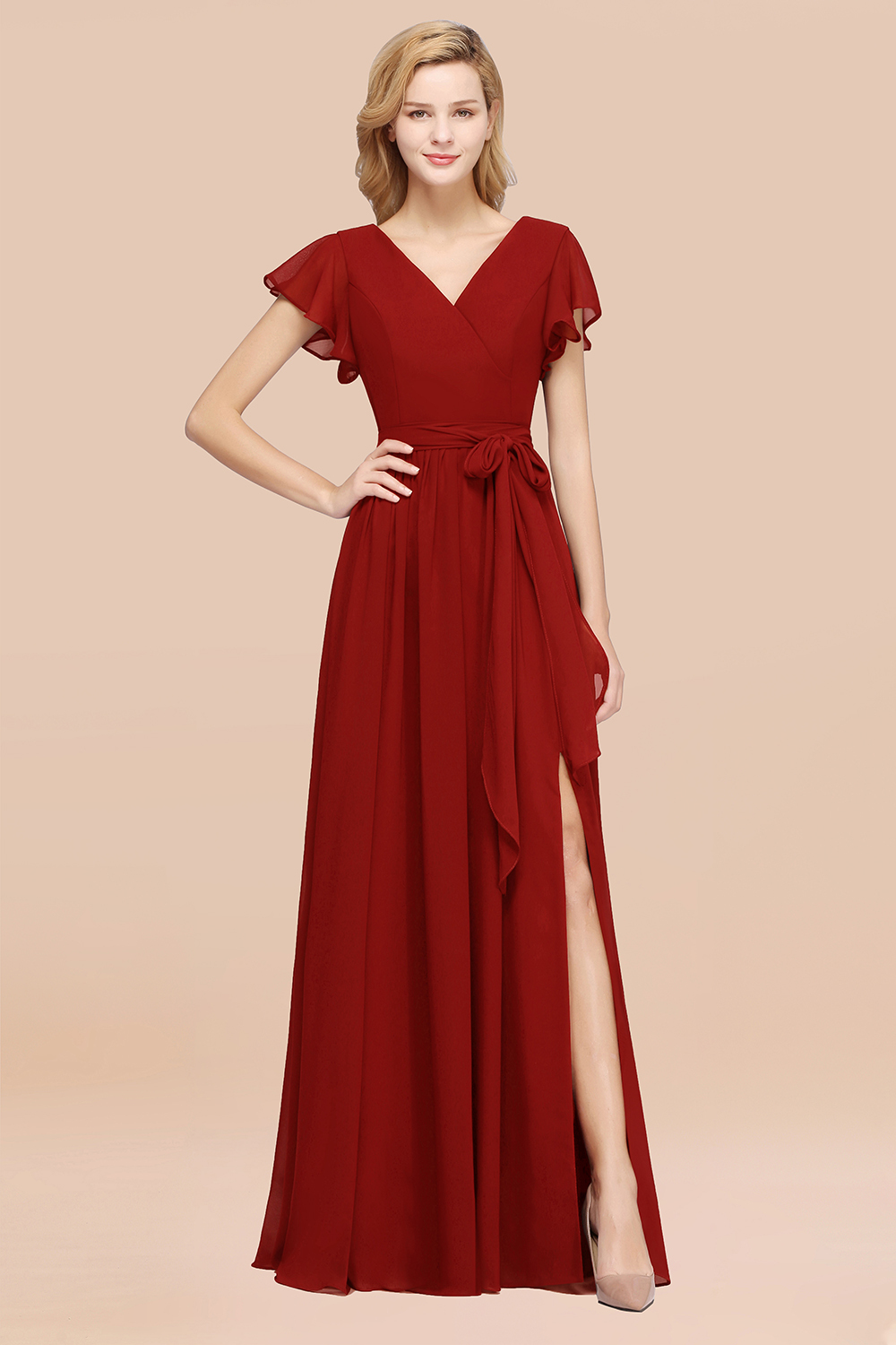 BMbridal Burgundy V-Neck Long Bridesmaid Dress With Short-Sleeves-BMbridal