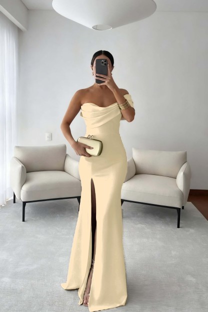 One Shoulder Sleeveless Long Mermaid Prom Dress With Split Pleated