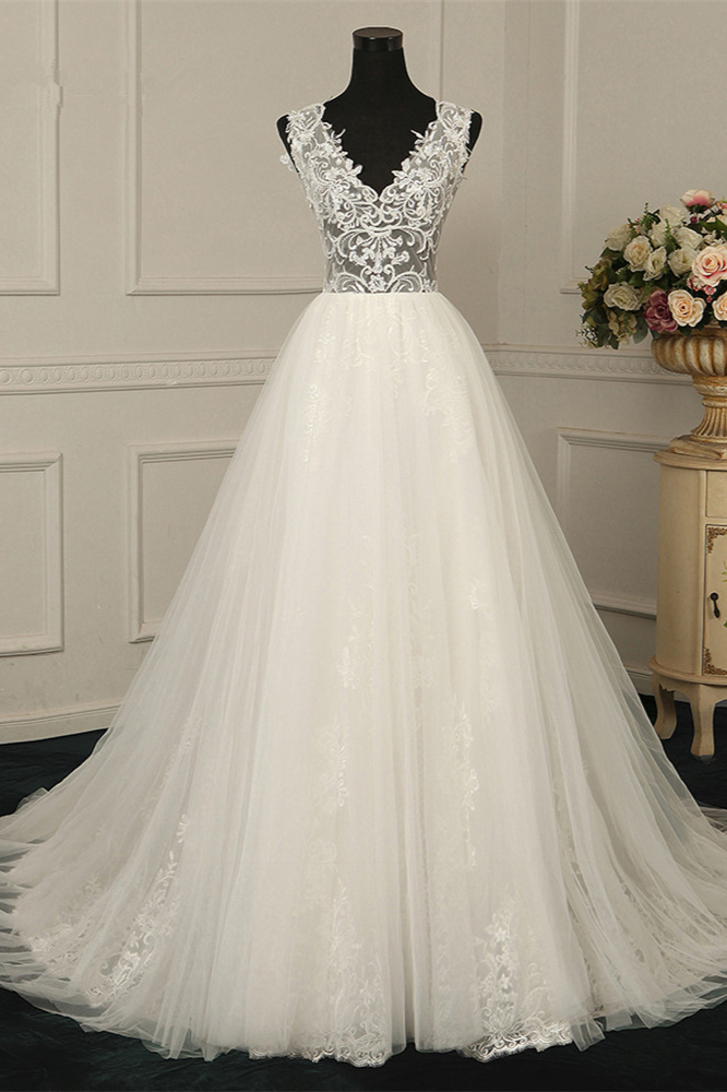 BMbridal Sexy V-Neck Sleeveless Tulle Wedding Dress See Through Top Appliques Bridal Gowns On Sale-BMbridal
