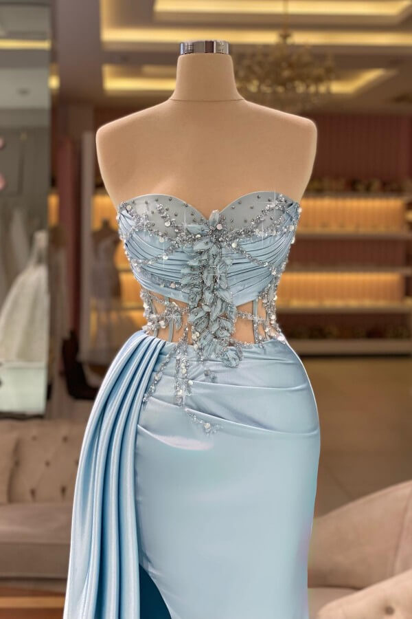 Pretty Baby Blue Sweetheart Mermaid Prom Dress Long With Beadings