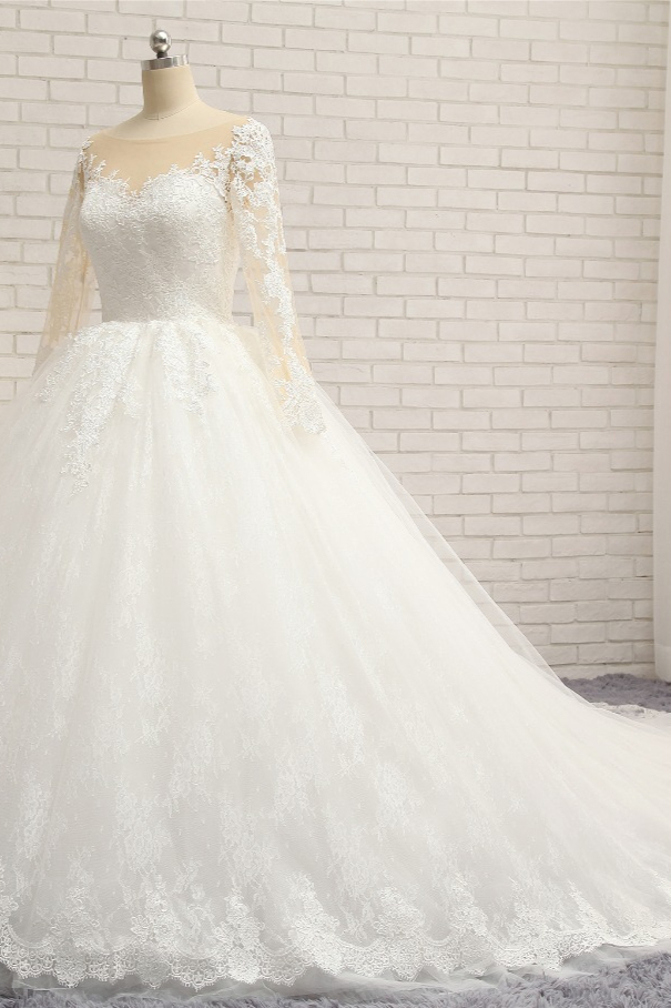 BMbridal Affordable White Tulle Ruffles Wedding Dresses Jewel Longsleeves Lace Bridal Gowns With Appliques Online-BMbridal