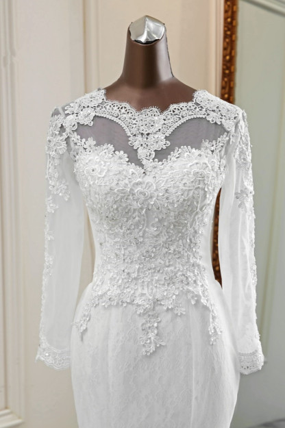 BMbridal Elegant Jewel Long Sleeves White Mermaid Wedding Dresses with Rhinestone Online