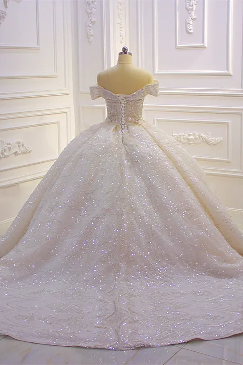 Stylish Off-The-Shoulder Satin Ball Gown Ruffles Wedding Dress Beading with Sequins