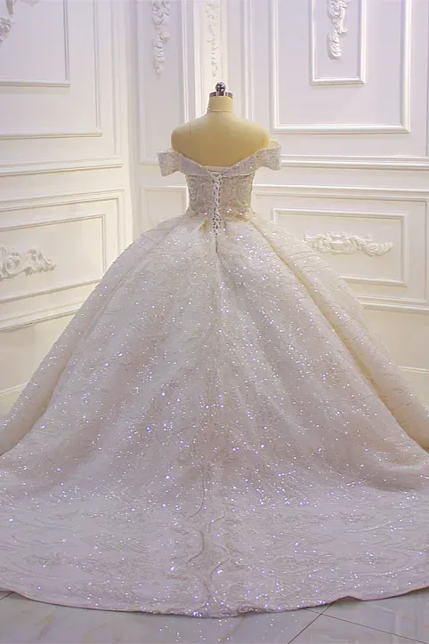 Stylish Off-The-Shoulder Satin Ball Gown Ruffles Wedding Dress Beading with Sequins