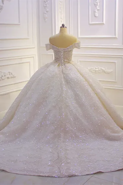 Stylish Off-The-Shoulder Satin Ball Gown Ruffles Wedding Dress Beading with Sequins