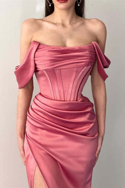 Fabulous Floor Length Off-The-Shoulder Mermaid Satin Prom Dress with Split-BMbridal.com