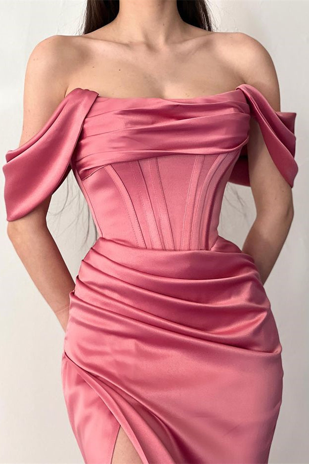 Fabulous Floor Length Off-The-Shoulder Mermaid Satin Prom Dress with Split-BMbridal.com