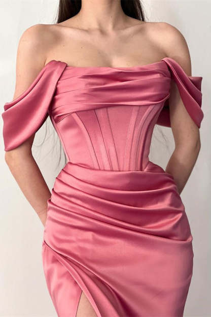 Fabulous Floor Length Off-The-Shoulder Mermaid Satin Prom Dress with Split-BMbridal.com