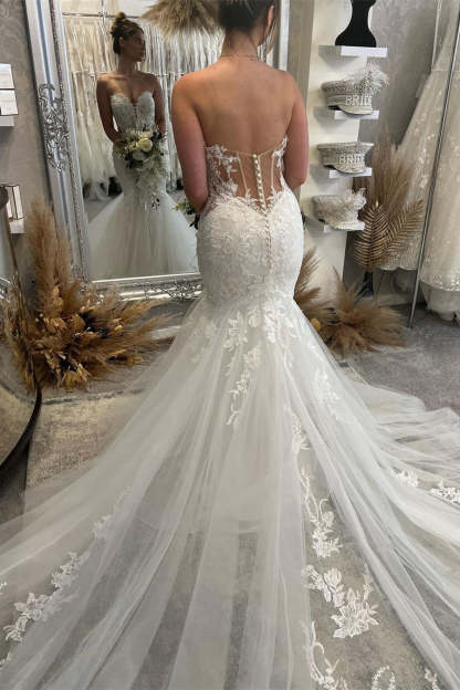 Fabulous Floor Length Sweetheart Sleeveless Mermaid Wedding Dress with Lace-BMbridal.com
