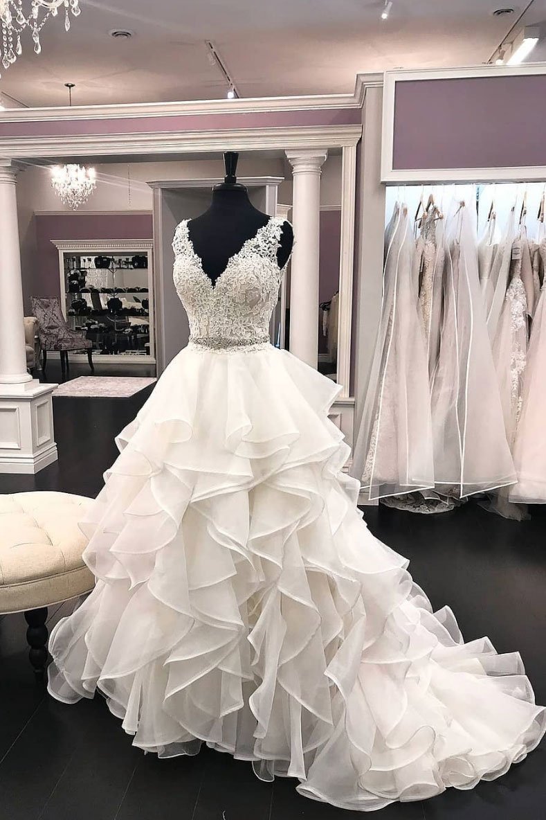 BMbridal Elegant White Organza V-Neck Beaded Wedding Dress Ruffles Lace Bridal Gowns On Sale