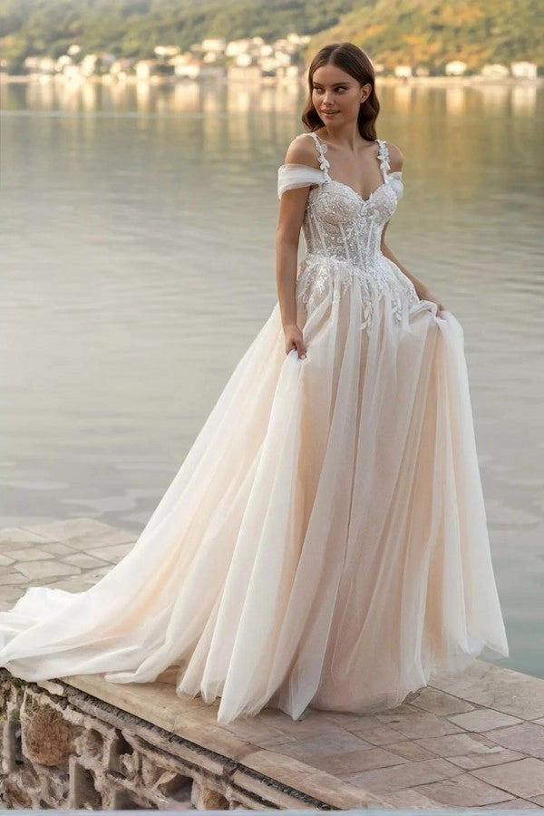 Fairy Long Ivory Off-The-Shoulder Sleeveless A-Line Wedding Dress with Appliques