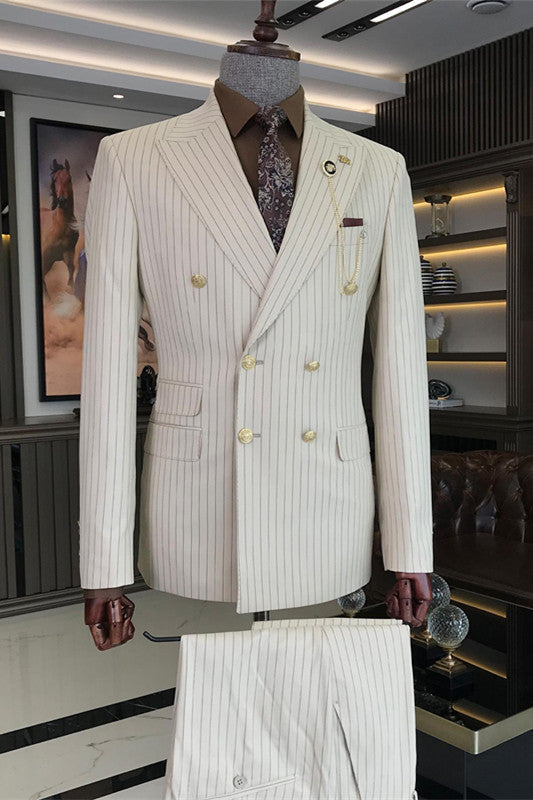 White Striped Peaked Lapel Double Breasted Two Pieces Prom Suits-BMbridal