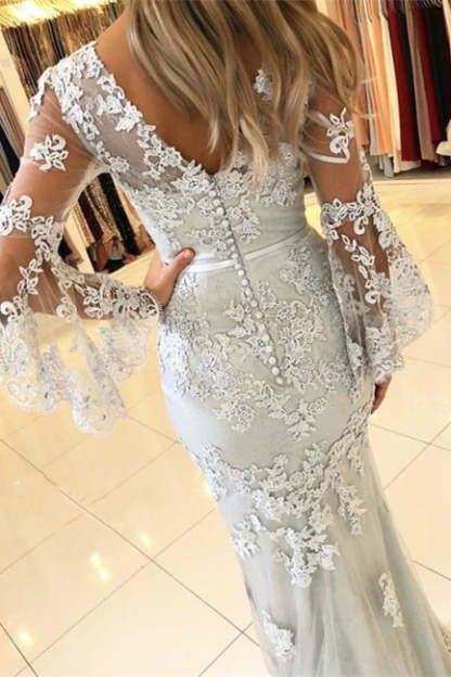 Fashion Evening Dresses Long Lace With Sleeves Floor-Length Evening Wear Prom Dresses-BMbridal.com