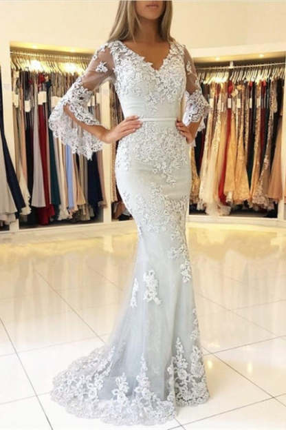 Fashion Evening Dresses Long Lace With Sleeves Floor-Length Evening Wear Prom Dresses-BMbridal.com