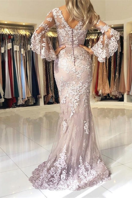 Fashion Evening Dresses Long Lace With Sleeves Floor-Length Evening Wear Prom Dresses-BMbridal.com